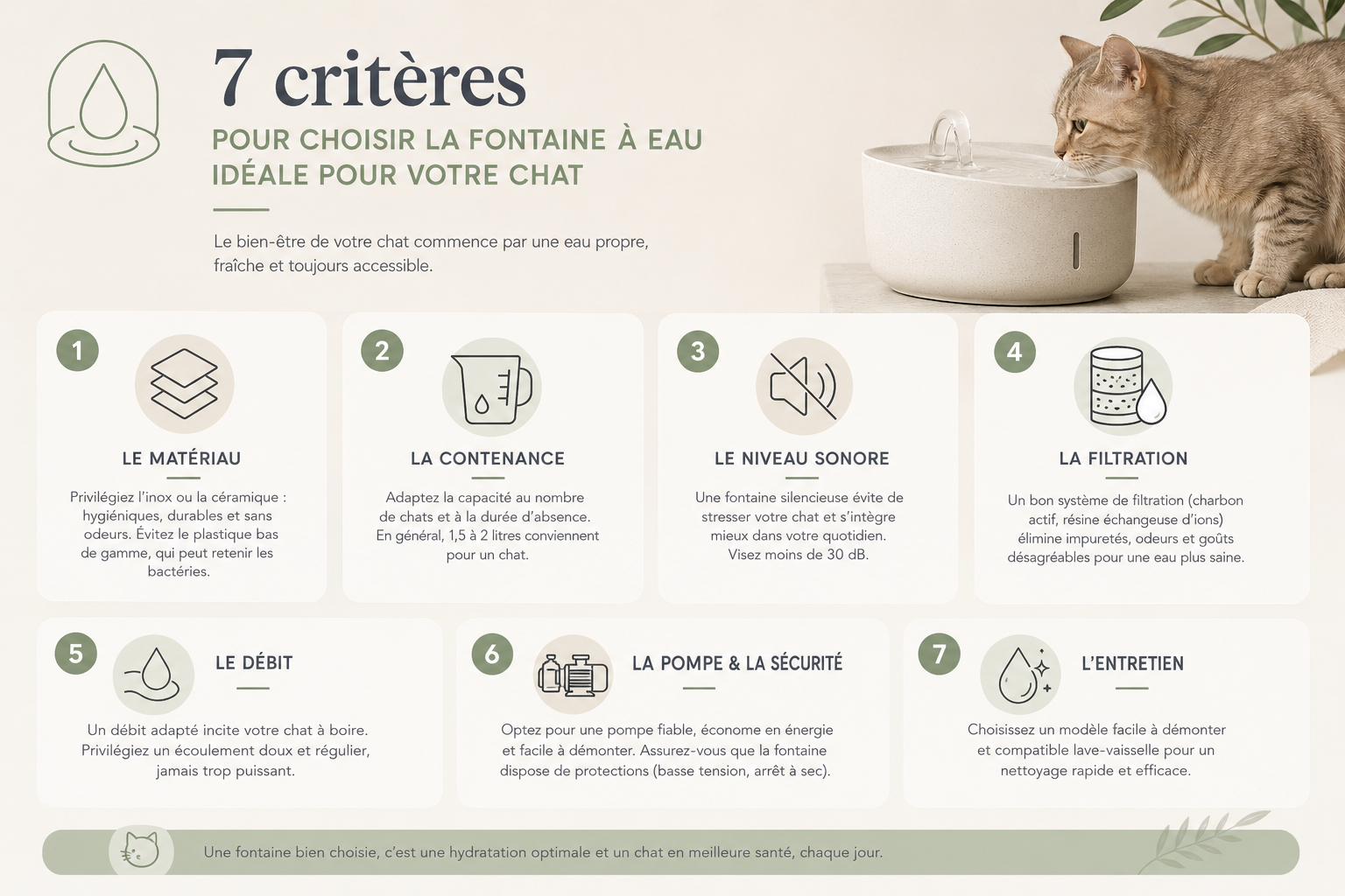 Infographie : 7 critères pour choisir la fontaine à eau idéale pour votre chat