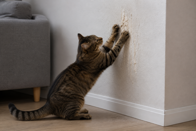 Chat tigré qui griffe le mur d'un salon, faute de support de griffades adapté