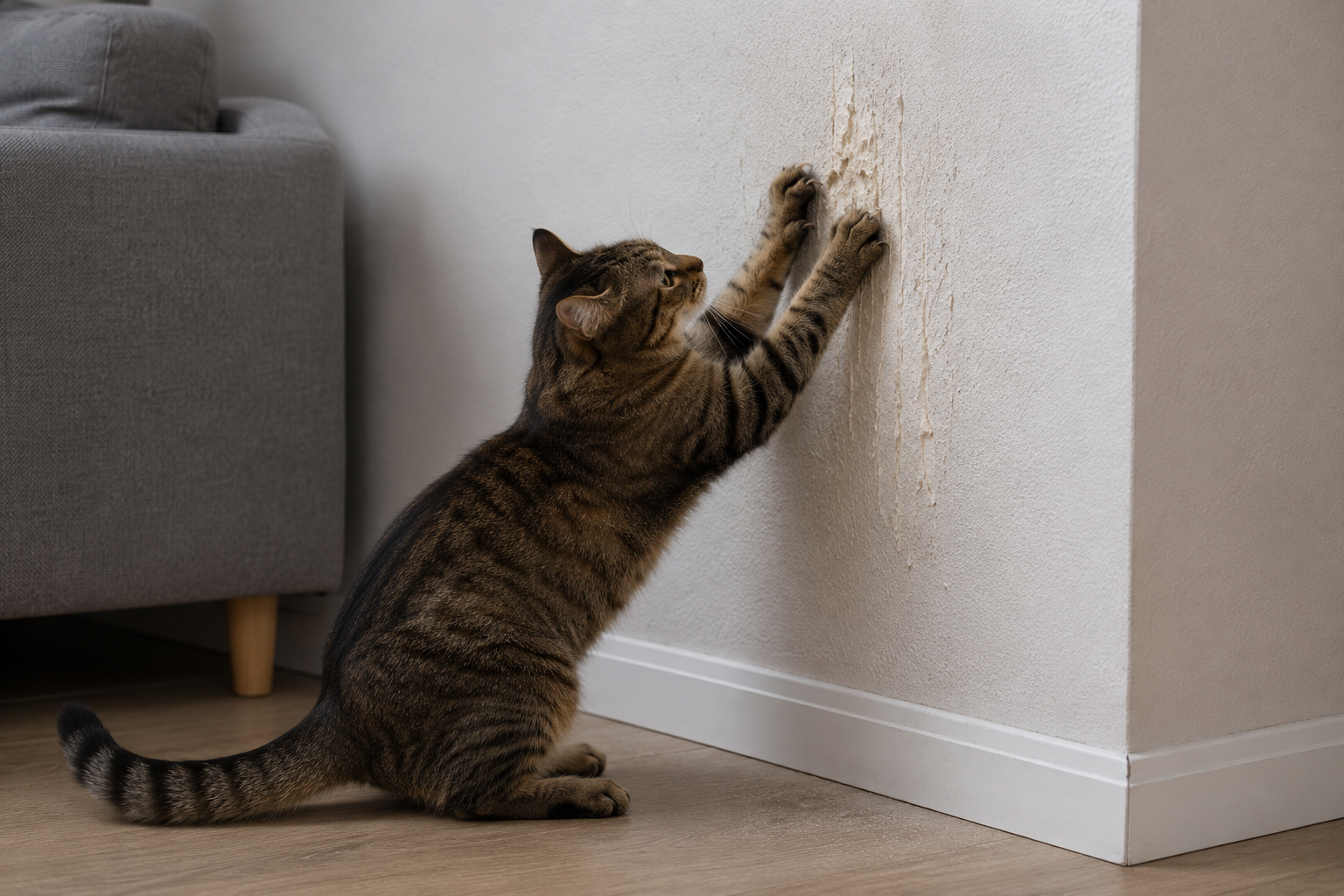 Chat tigré qui griffe le mur d'un salon, faute de support de griffades adapté