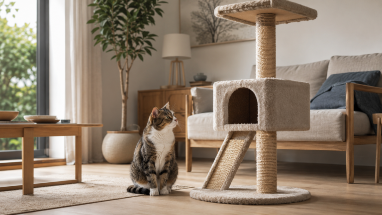 Chat tigré assis qui regarde son arbre à chat en sisal sans monter dessus