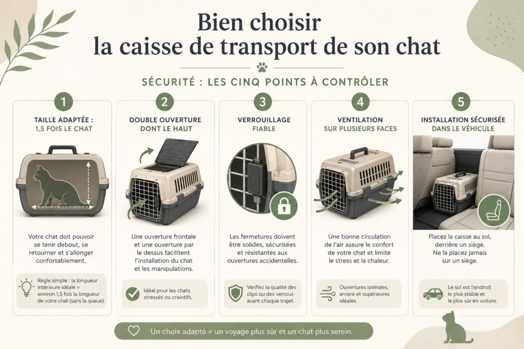 Infographie bien choisir la caisse de transport de son chat, les cinq points a contrôler : taille adaptée, double ouverture dont le haut, verrouillage fiable, ventilation sur plusieurs faces, installation sécurisée dans le véhicule