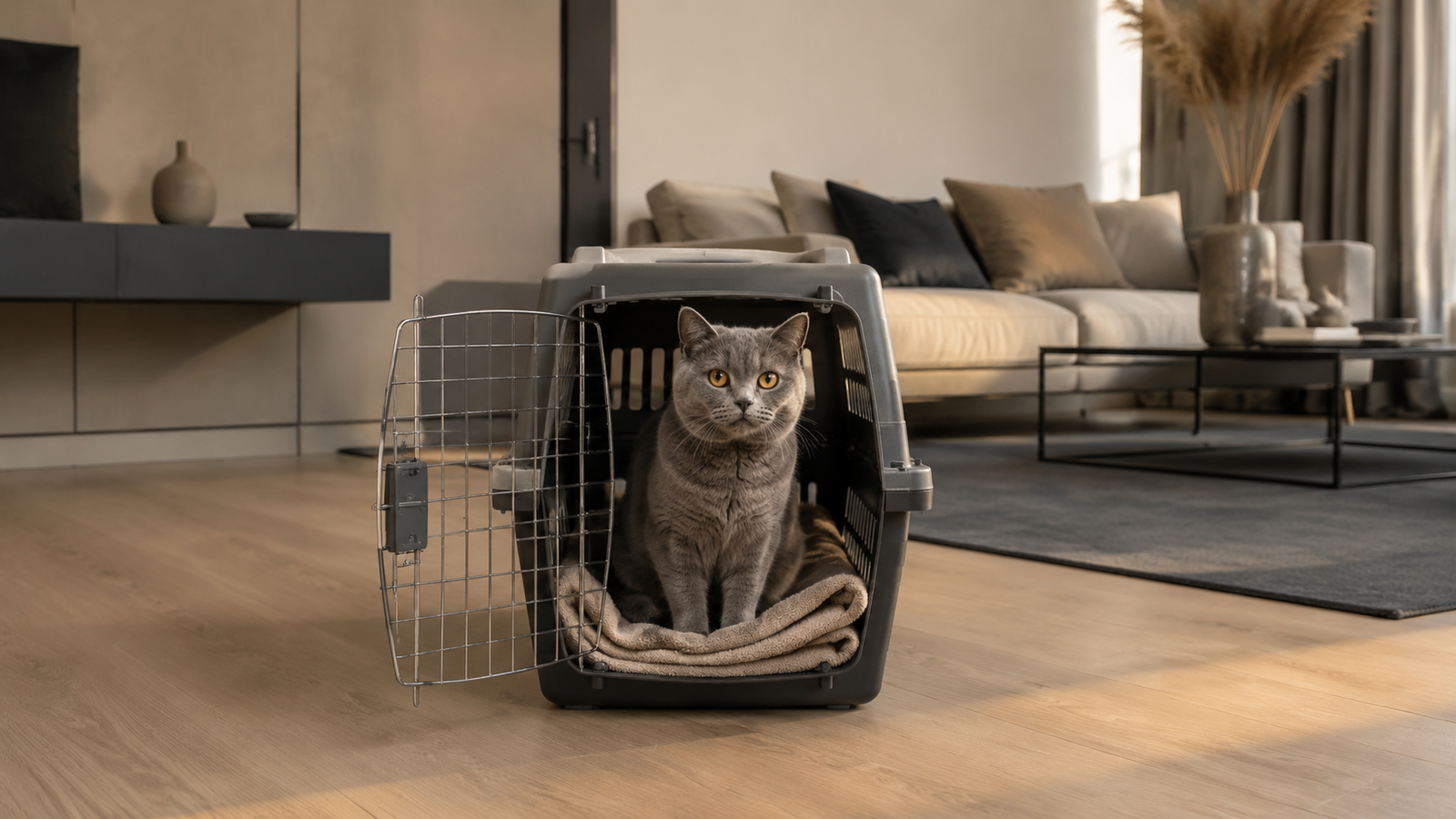 Chat gris assis dans une caisse de transport rigide ouverte posée dans un salon