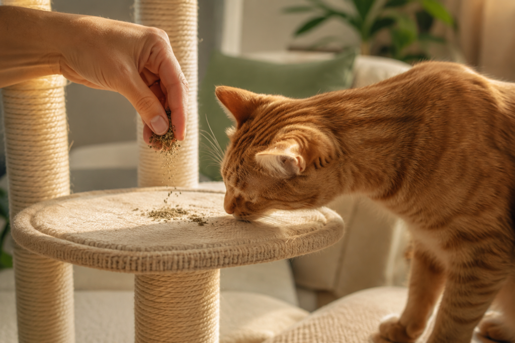 Main qui saupoudre de l'herbe-aux-chats sur la plateforme d'un arbre à chat, un chat roux la renifle