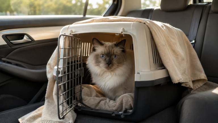 Chat dans une caisse de transport posee sur la banquette arriere d'une voiture