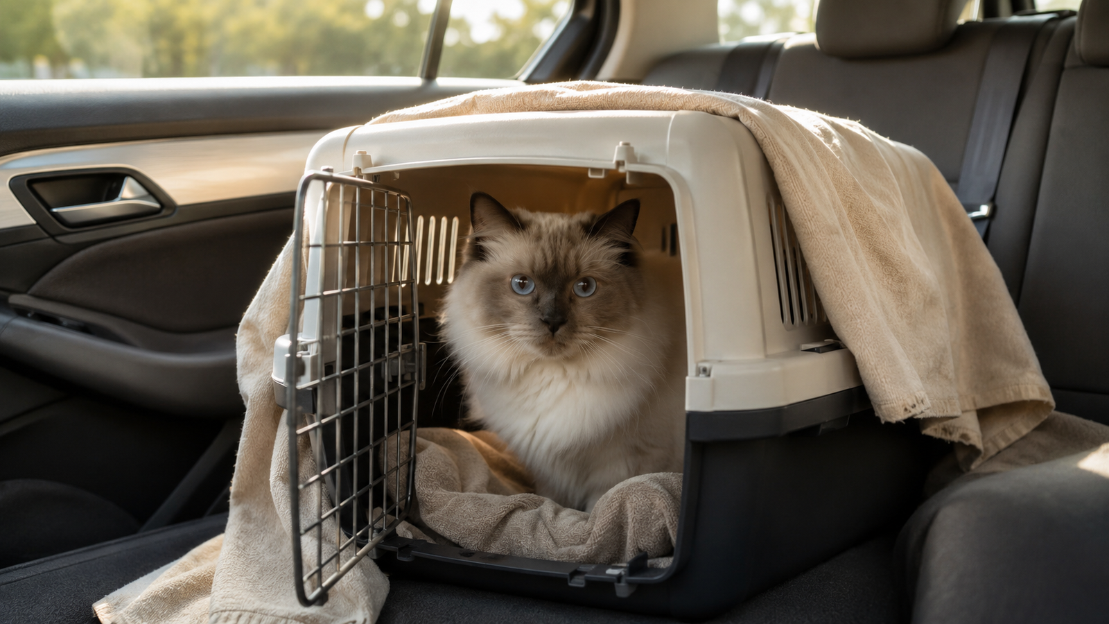 Chat dans une caisse de transport posee sur la banquette arriere d'une voiture