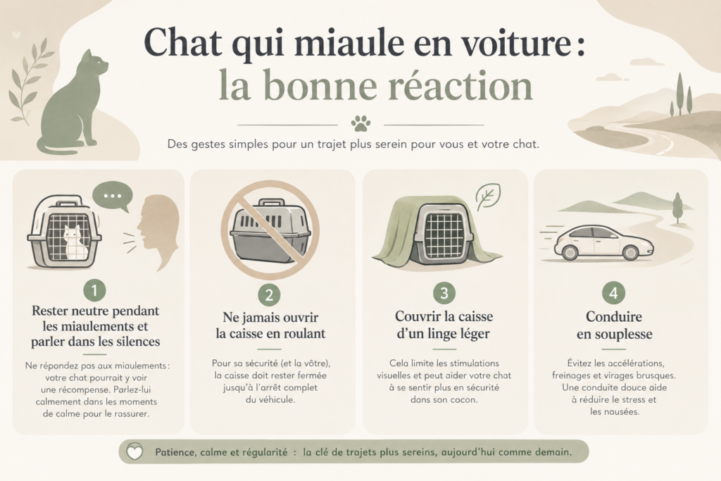 Infographie la bonne réaction face a un chat qui miaule en voiture : rester neutre, ne jamais ouvrir la caisse en roulant, couvrir la caisse d un linge léger, conduire en souplesse