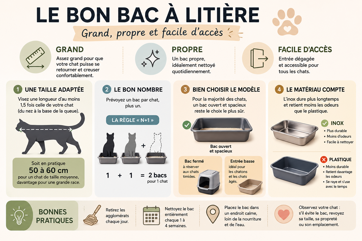 Infographie récapitulative pour bien choisir le bac à litière du chat : taille, nombre, modèle et matériau