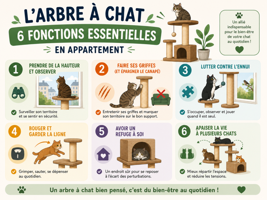 Infographie récapitulant les 6 fonctions essentielles de l'arbre à chat en appartement
