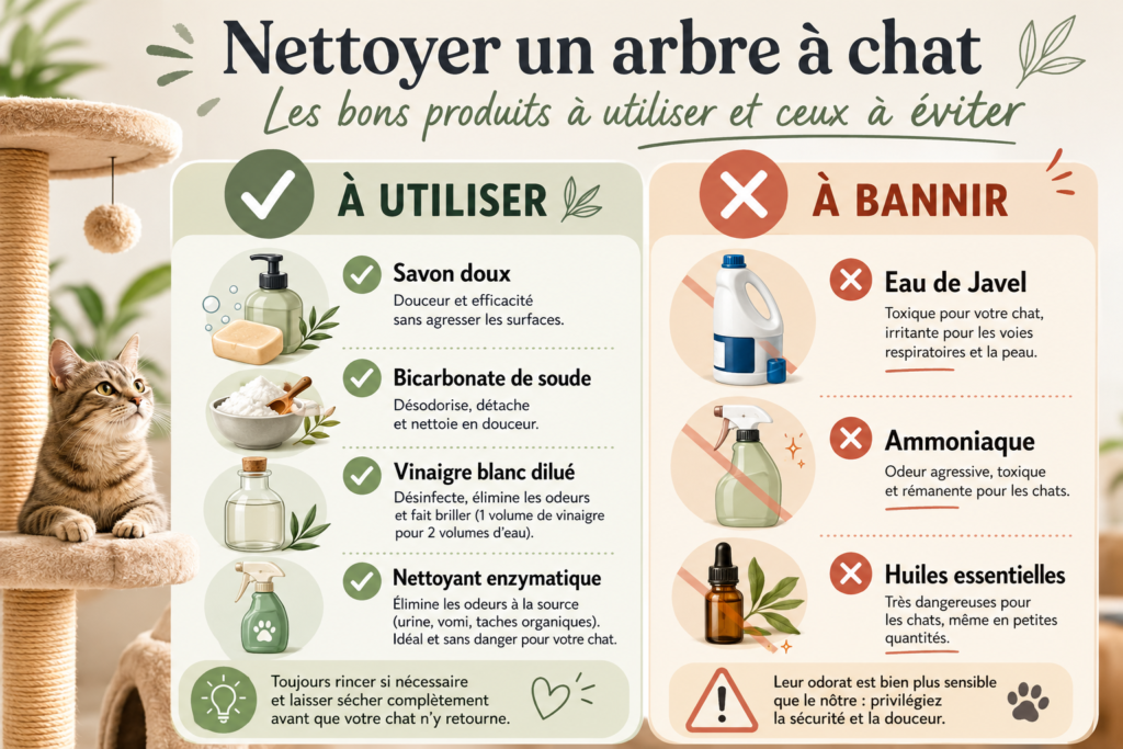 Infographie des produits à utiliser et à éviter pour nettoyer un arbre à chat