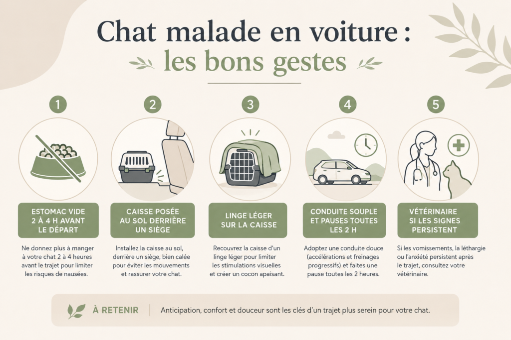 Infographie des bons gestes pour un chat malade en voiture : estomac vide, caisse au sol, linge sur la caisse, conduite souple, vétérinaire si les signes persistent