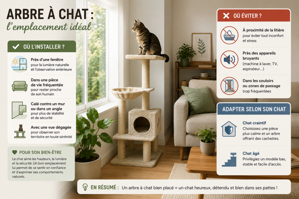Où placer un arbre à chat : infographie des emplacements idéaux, à éviter et selon le profil du chat
