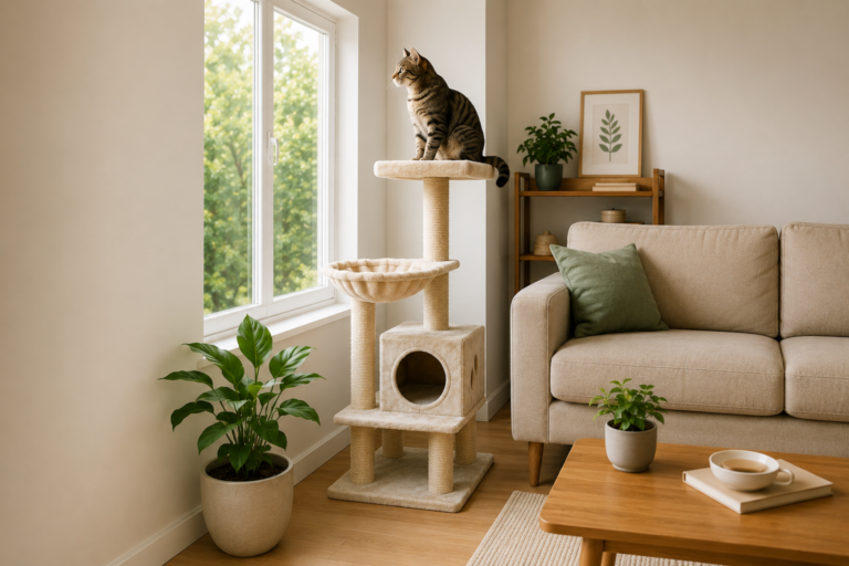 Où placer un arbre à chat : un chat perché près d'une fenêtre dans un salon