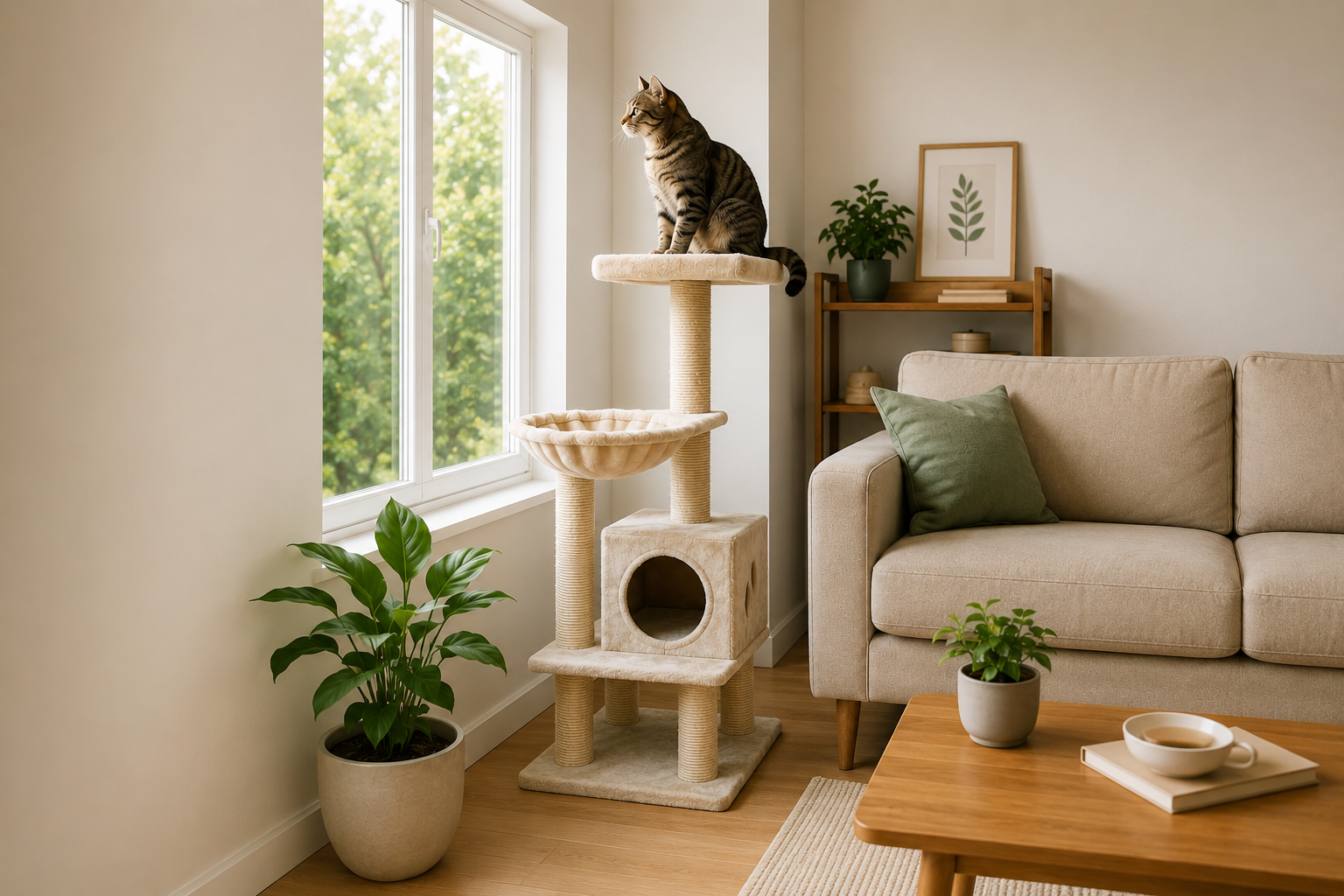 Où placer un arbre à chat : un chat perché près d'une fenêtre dans un salon
