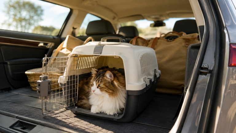Chat a poils longs installe dans une caisse de transport dans le coffre d'une voiture chargée de bagages