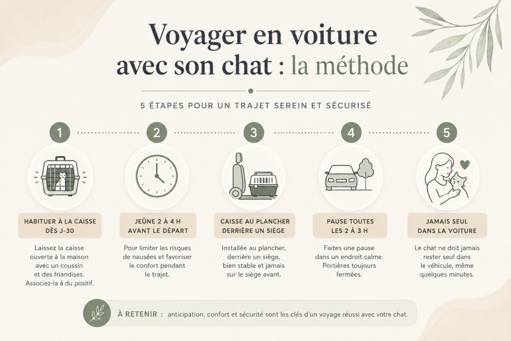 Infographie voyager en voiture avec son chat en 5 étapes : habituer a la caisse des J-30, jeune avant le départ, caisse au plancher derrière un siége, pauses toutes les 2 a 3 heures, jamais seul dans la voiture