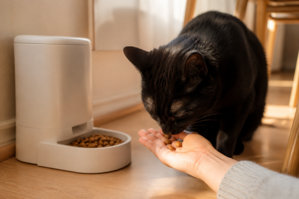 Main tendant quelques croquettes à un chat européen noir près de son distributeur