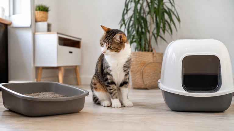 bac à litière ouvert et bac fermé côte à côte avec un chat