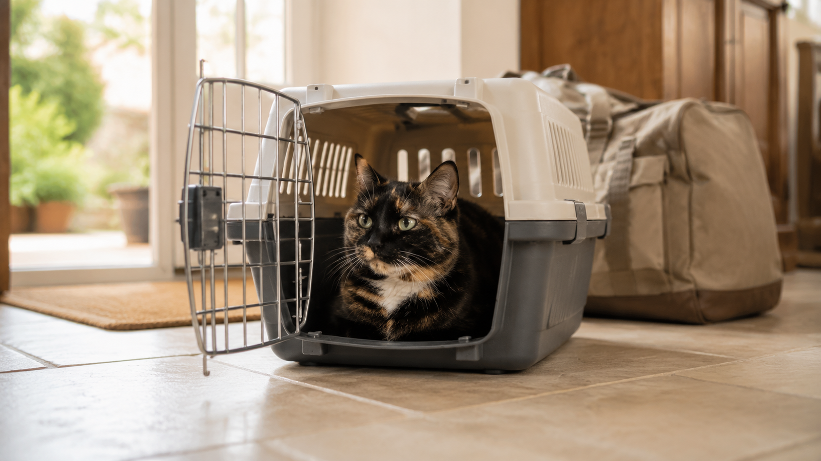 Chat installe dans une caisse de transport rigide, porte ouverte, prêt pour le vétérinaire
