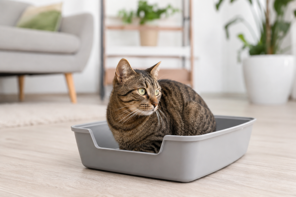 chat qui utilise un bac à litière ouvert