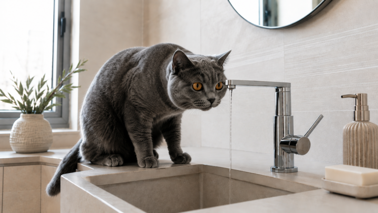 Chat gris sur un lavabo buvant le filet d'eau qui coule du robinet