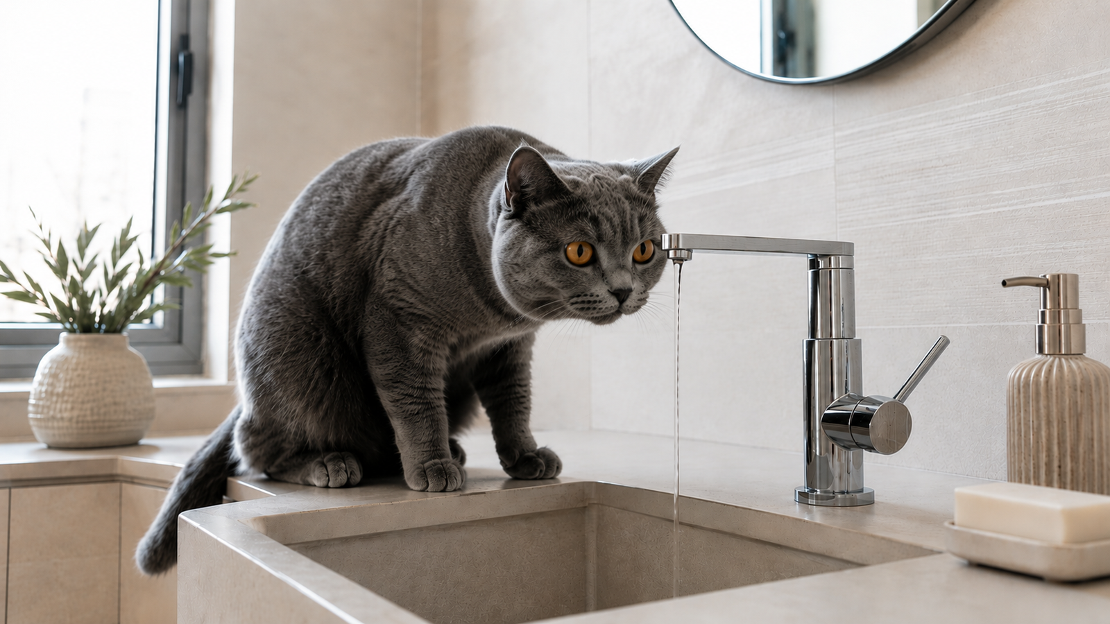 Chat gris sur un lavabo buvant le filet d'eau qui coule du robinet