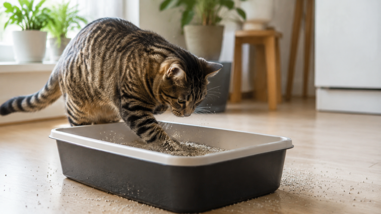 chat qui joue et creuse dans sa litière