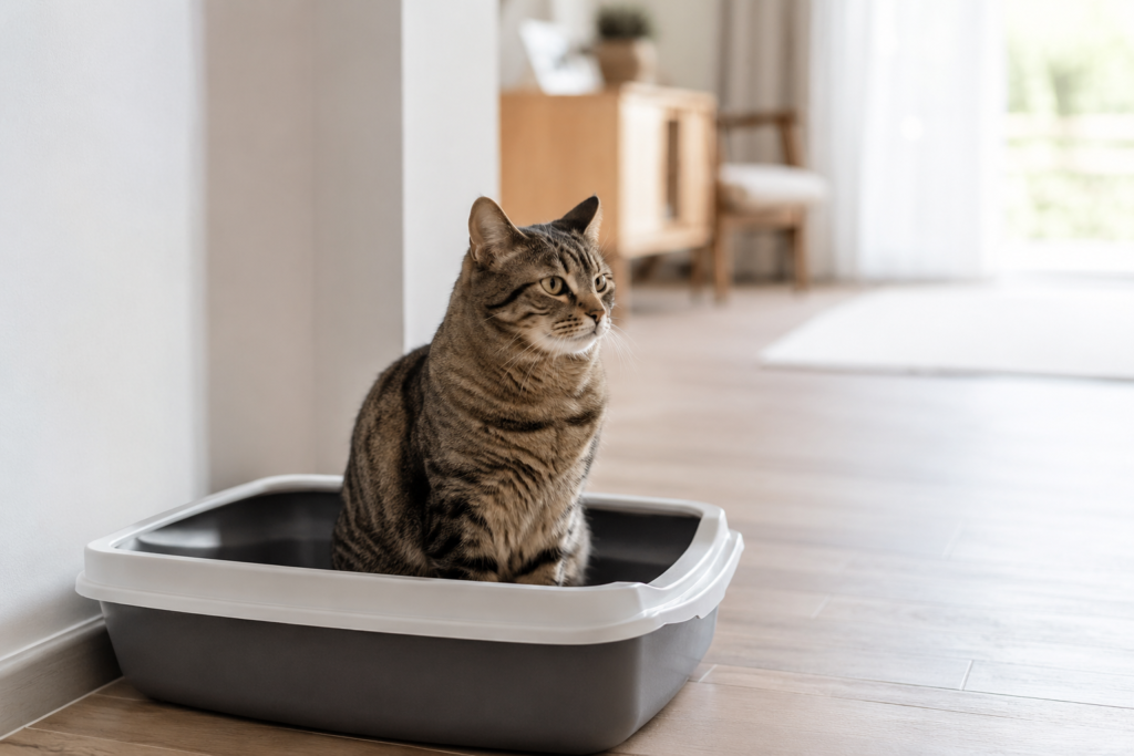 chat dans sa litière avec une vue dégagée sur la pièce