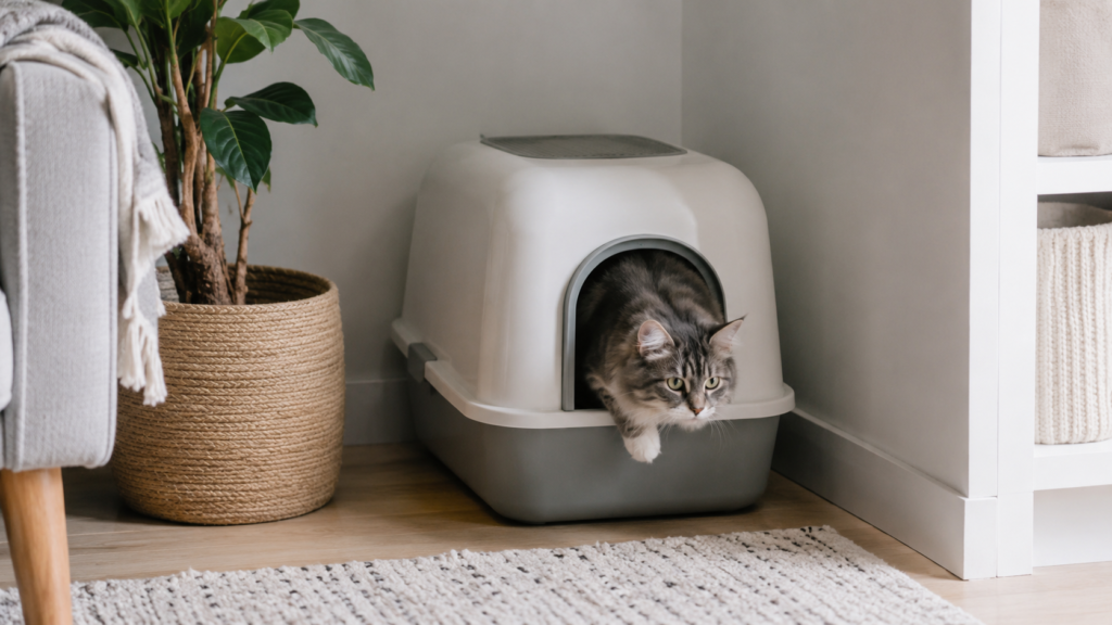 chat entrant dans une maison de toilette fermée