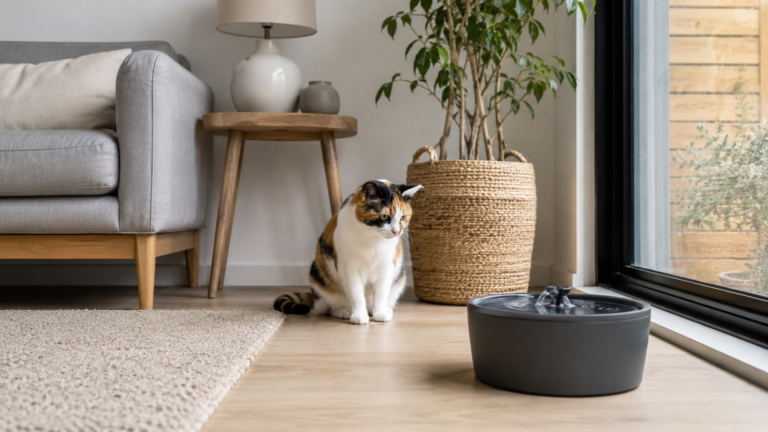 Chat tricolore assis à distance observant avec méfiance sa fontaine à eau dans un salon