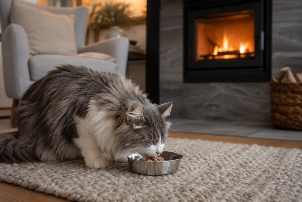 Chat norvégien âgé qui mange une petite portion près d une cheminée