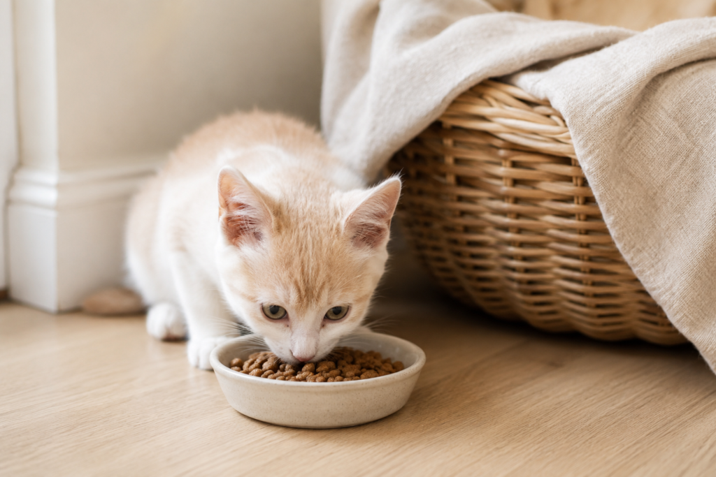 Chaton crème et blanc qui mange à volonté dans sa gamelle