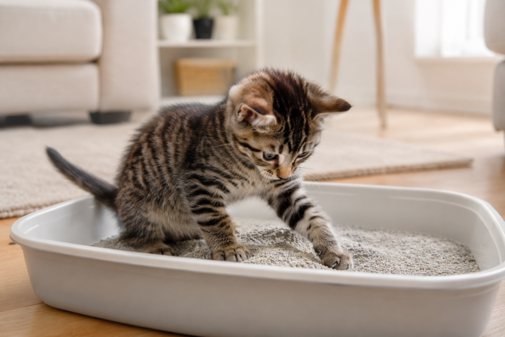 chaton qui joue dans son bac à litière