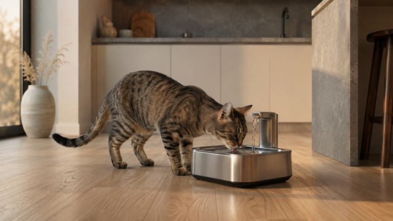 Chat tigré buvant à une fontaine à eau en inox dans une cuisine moderne