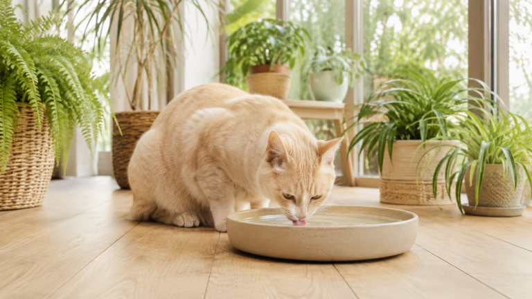 Chat crème buvant dans une large gamelle au sol entourée de plantes vertes