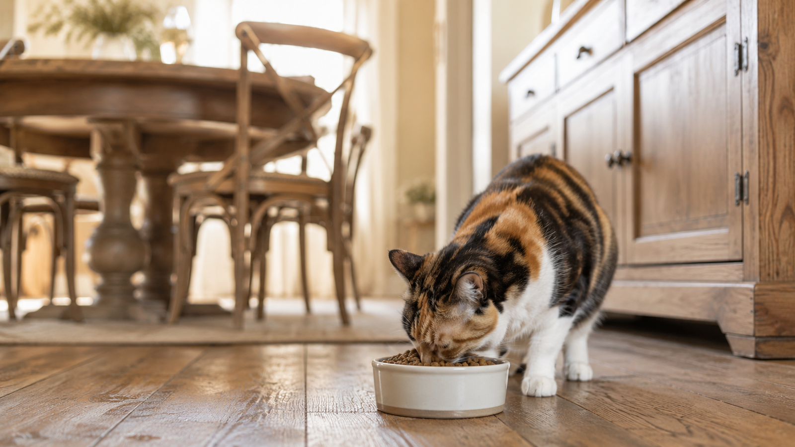 Chatte écaille de tortue qui mange une portion mesurée de croquettes dans un salon de campagne