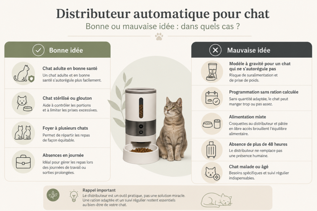 Infographie comparant les cas où le distributeur automatique est une bonne ou une mauvaise idée pour un chat