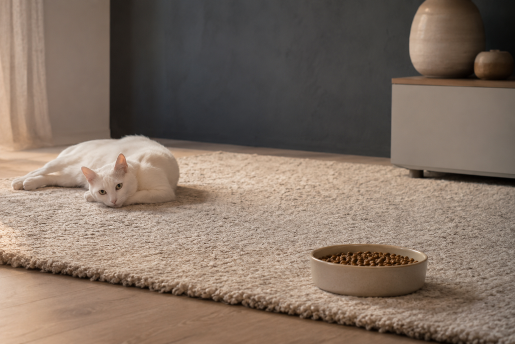 Chat européen blanc couché à distance de son bol de croquettes resté plein