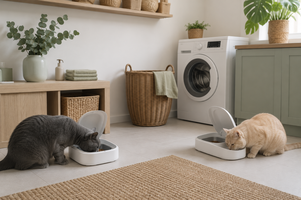 Chartreux et chat européen crème mangeant chacun dans sa gamelle à puce électronique