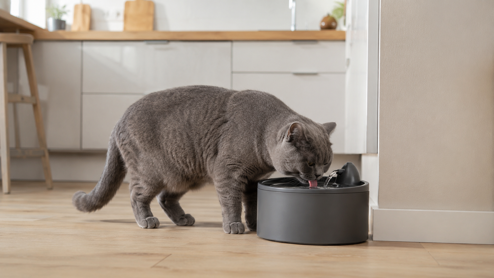Chat British Shorthair gris bleu buvant à une fontaine à eau posée au sol dans une cuisine claire