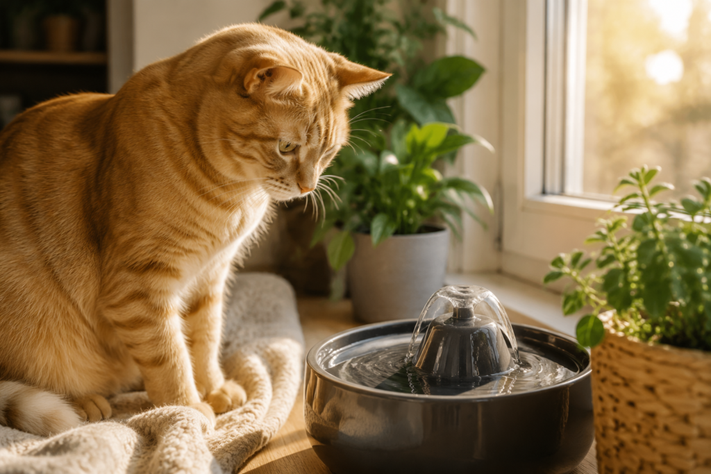 Infographie de la routine d'entretien d'une fontaine à eau pour chat en 4 étapes : changement d'eau, nettoyage savonneux, filtre et détartrage de la pompe