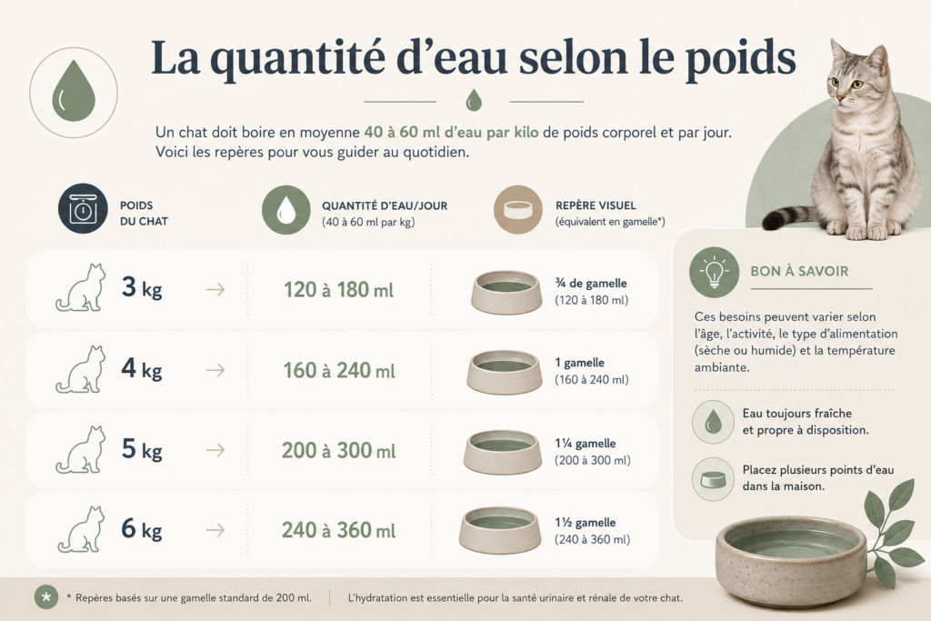 Infographie des besoins en eau du chat selon son poids, de 40 à 60 ml par kilo et par jour