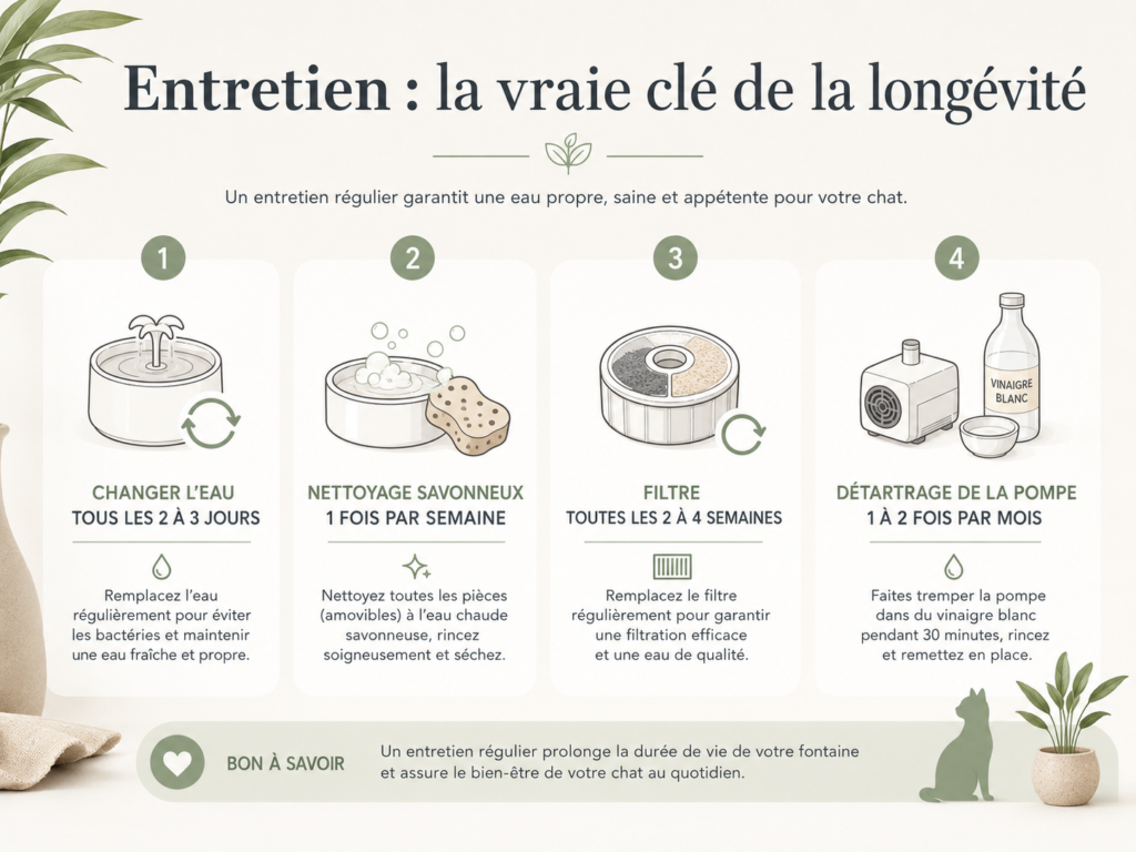 Infographie de la routine d'entretien d'une fontaine à eau pour chat en 4 étapes : changement d'eau, nettoyage savonneux, filtre et détartrage de la pompe