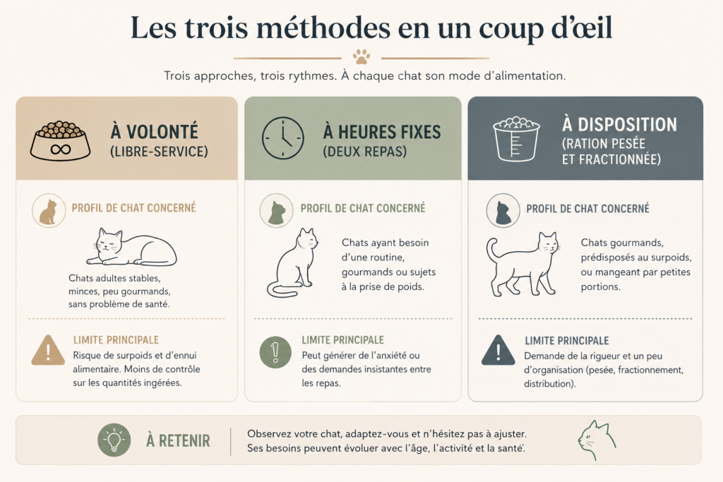 Infographie comparant les croquettes à volonté, les repas à heures fixes et la ration à disposition