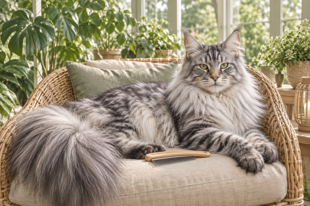 Maine Coon à poil long tabby argenté allongé dans une véranda, un peigne posé à côté de lui