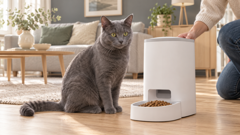 Chat européen gris assis à côté d un distributeur de croquettes dans un salon lumineux