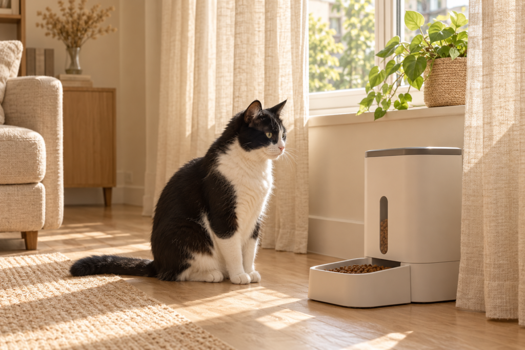 Chat noir et blanc attendant près de son distributeur dans un appartement vide