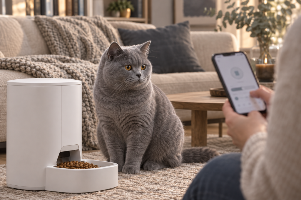 Chat British Shorthair près d un distributeur de croquettes piloté depuis une application