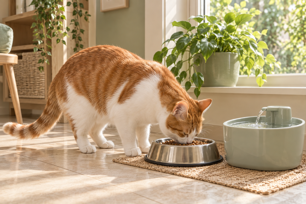 Chat roux et blanc mangeant une portion mesurée à côté de sa fontaine à eau