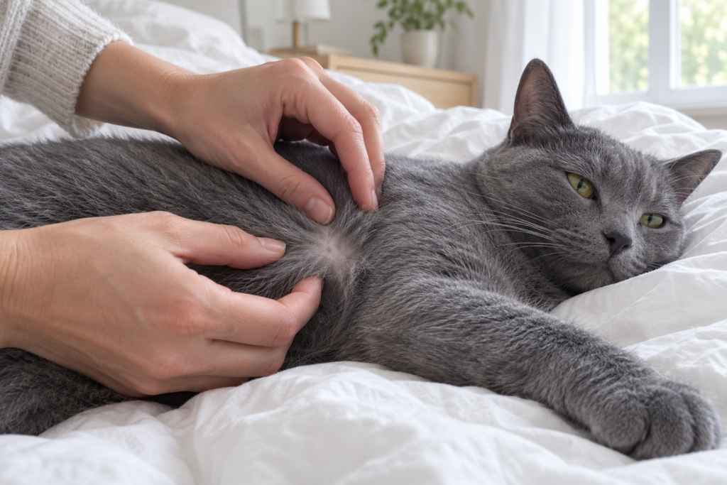 Mains écartant le pelage gris bleuté d'un chat pour inspecter sa peau
