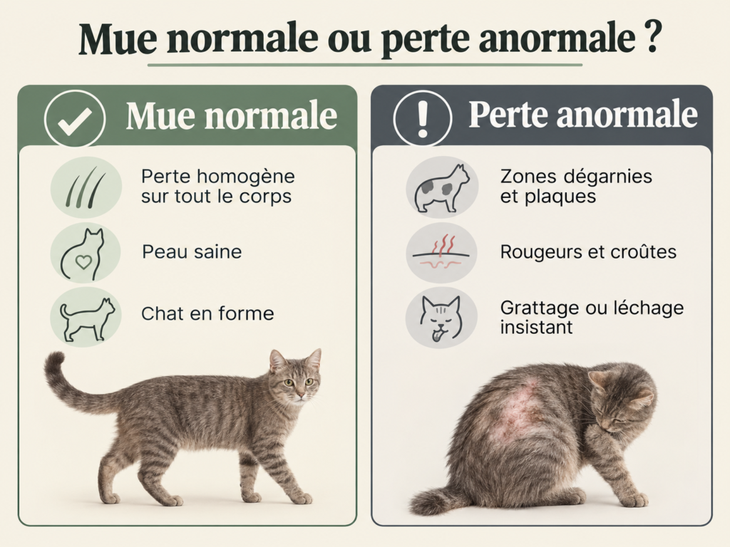 Infographie comparant la mue normale du chat et une perte de poils anormale
